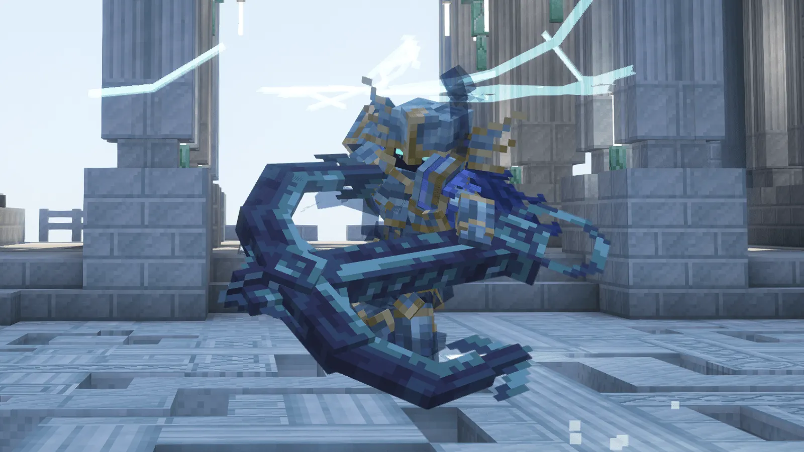 An armored ice boss mid-attack inside a frozen temple arena in Beyond Depth