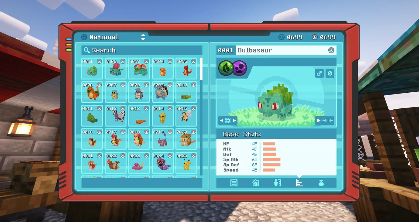 Cobblemon's in-game Pokédex interface showing Bulbasaur's entry and base stats