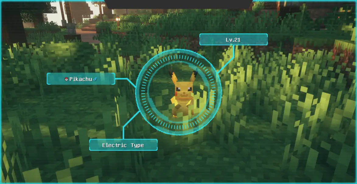 Targeting a wild level 21 Pikachu in tall grass in Cobblemon