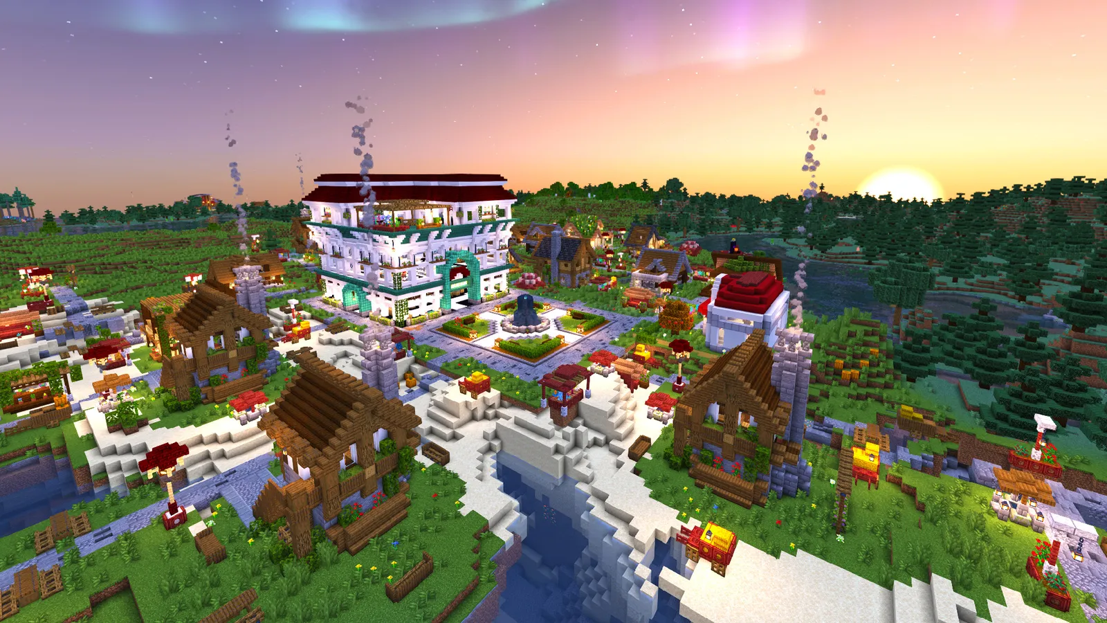 A custom Cobbleverse village at sunset — a large Pokémon Center among cottages, gardens and a river under the aurora