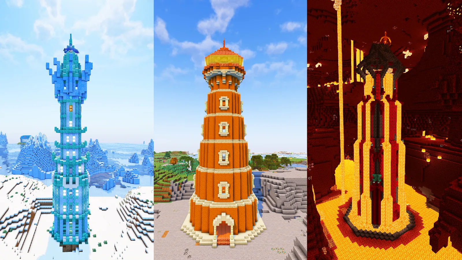 The three legendary bird towers in Cobbleverse: an ice spire, a desert lighthouse and a Nether tower ringed in lava
