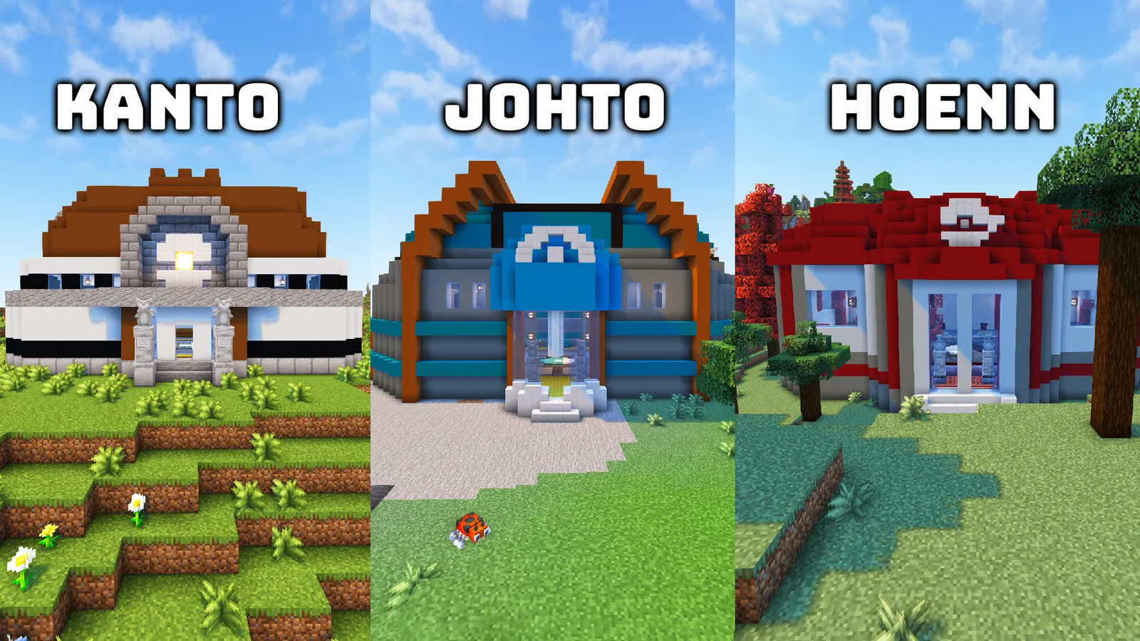 Three Cobbleverse gym buildings labelled Kanto, Johto and Hoenn, each styled after its region