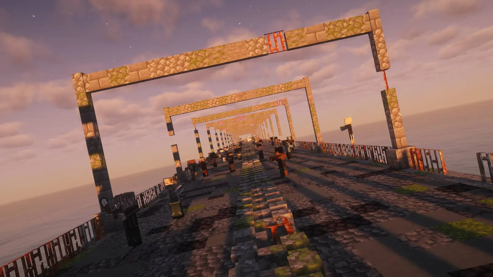 A crowd of zombies shambling along a long ruined bridge under rusted steel arches at dusk in Cursed Walking