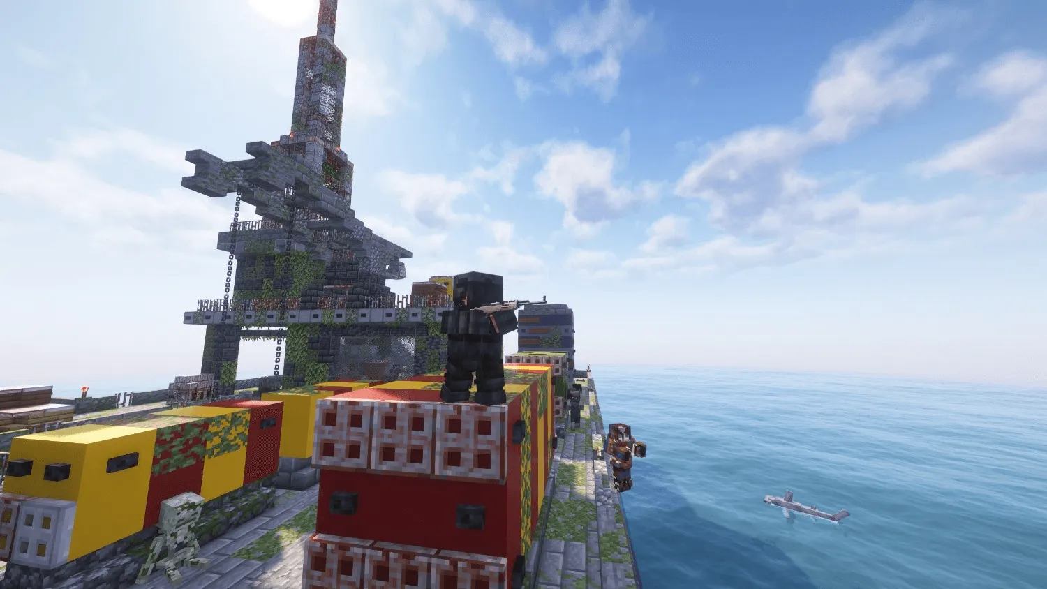 A player in black armour aiming a rifle from the deck of an overgrown offshore oil rig while zombies climb the side