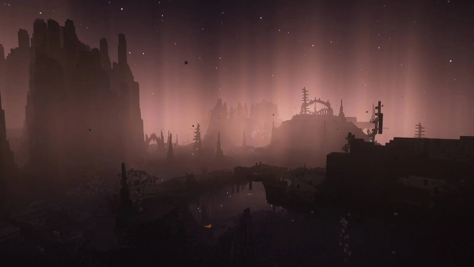 The Depths dimension at night: jagged dark spires and ruined arches lit by a pink haze over a still lava-flecked pool