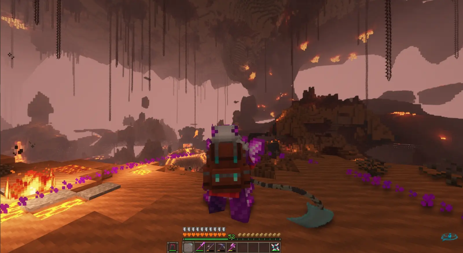 An armoured adventurer overlooking a lava-lit cavern landscape in DawnCraft