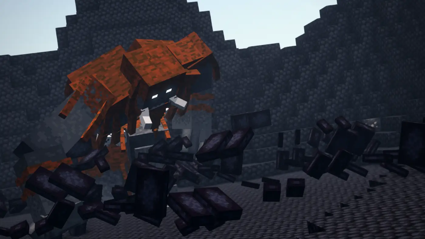 A DawnCraft boss bursting through stone, blocks scattering mid-air