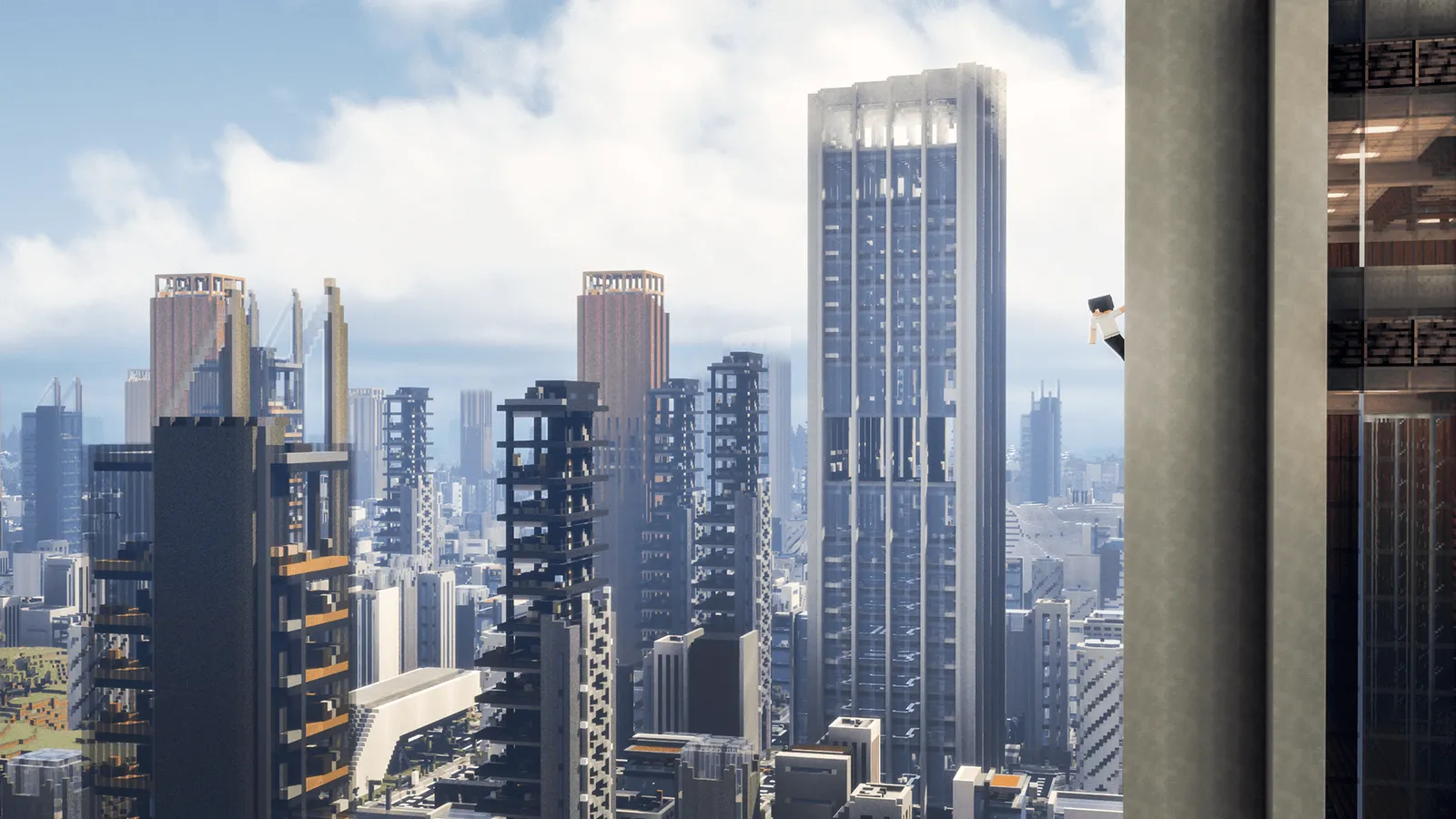 A DeceasedCraft player clinging to the side of a skyscraper above a dense, hazy city of glass and concrete towers