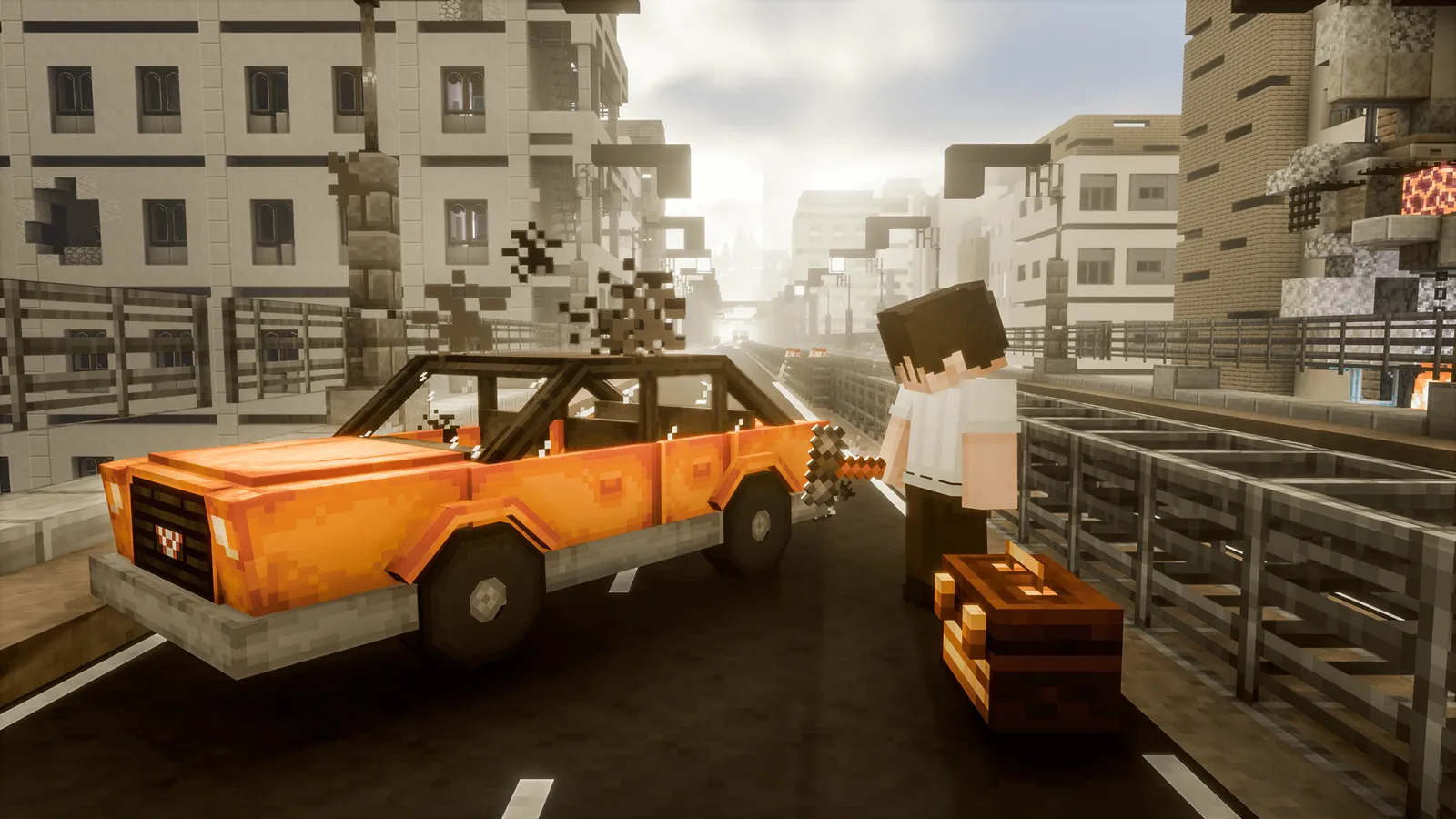 A player in a white shirt standing beside a toolbox, repairing a battered orange car on an empty elevated city road