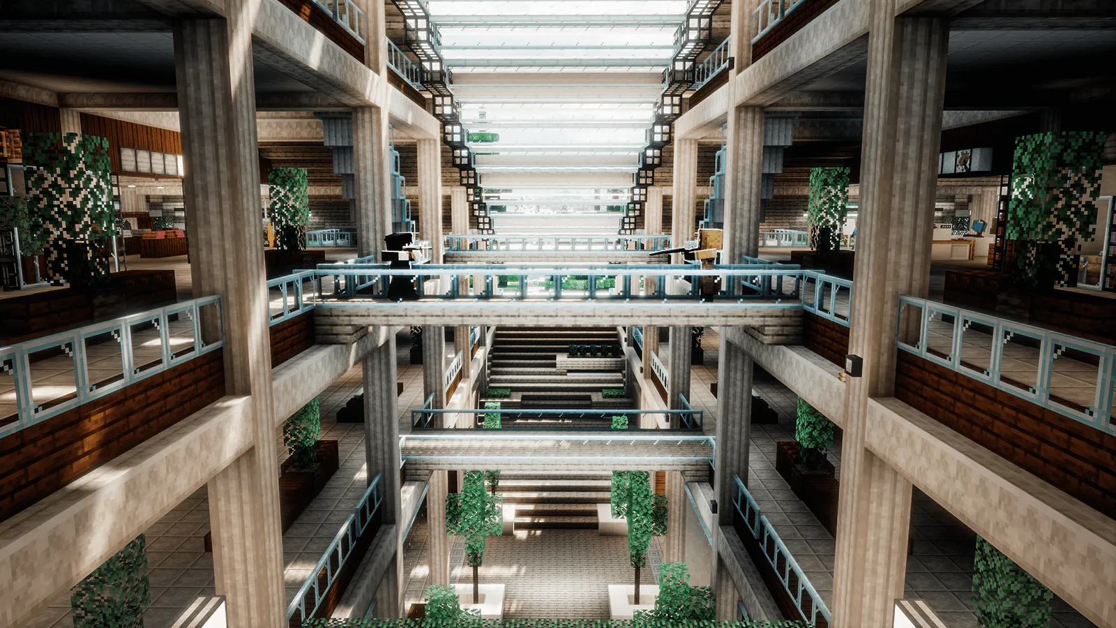 Looking down a multi-storey shopping atrium with glass walkways, planted trees and two armed survivors on a bridge