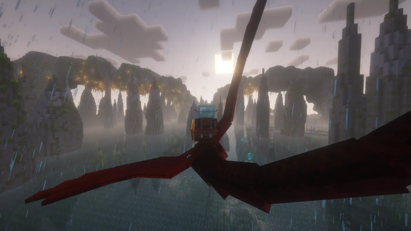 A player riding a red dragon through rain over dark jungle in MC Eternal 2
