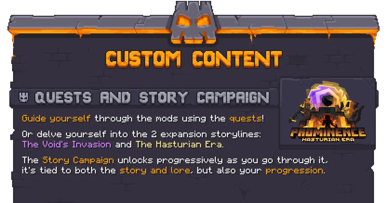 Prominence II's custom content panel — guided quests plus the Void's Invasion and Hasturian Era storylines
