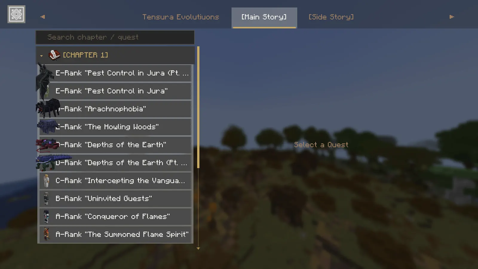 The Tensura Evolutions main-story quest chapter, ranked from E to A with a boss icon beside each quest