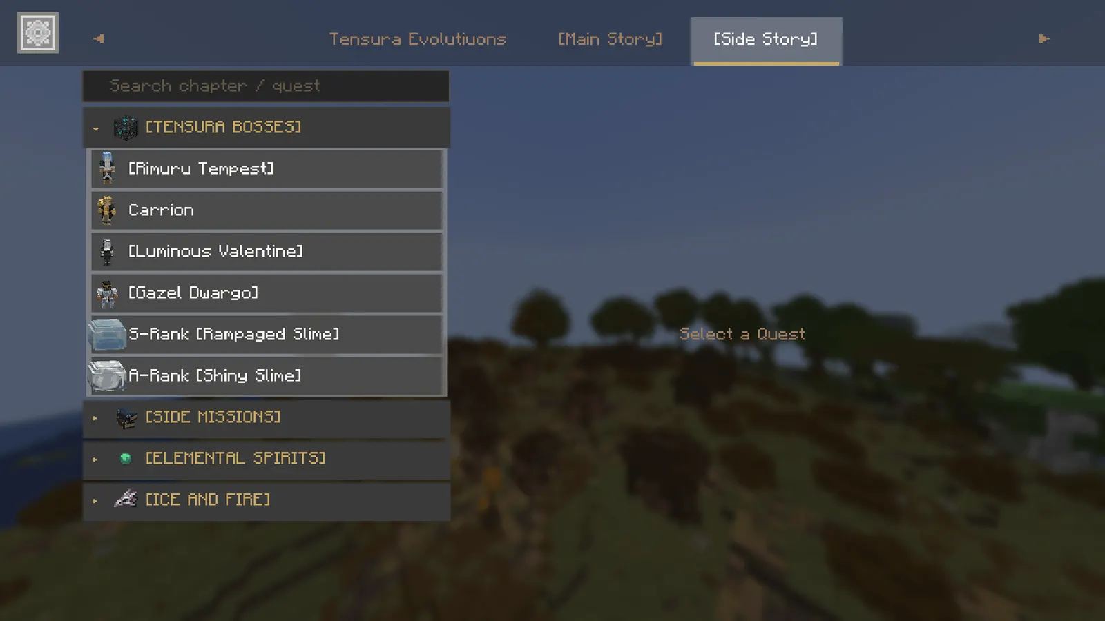 The side-story quest tab listing Tensura bosses such as Rimuru Tempest and Gazel Dwargo