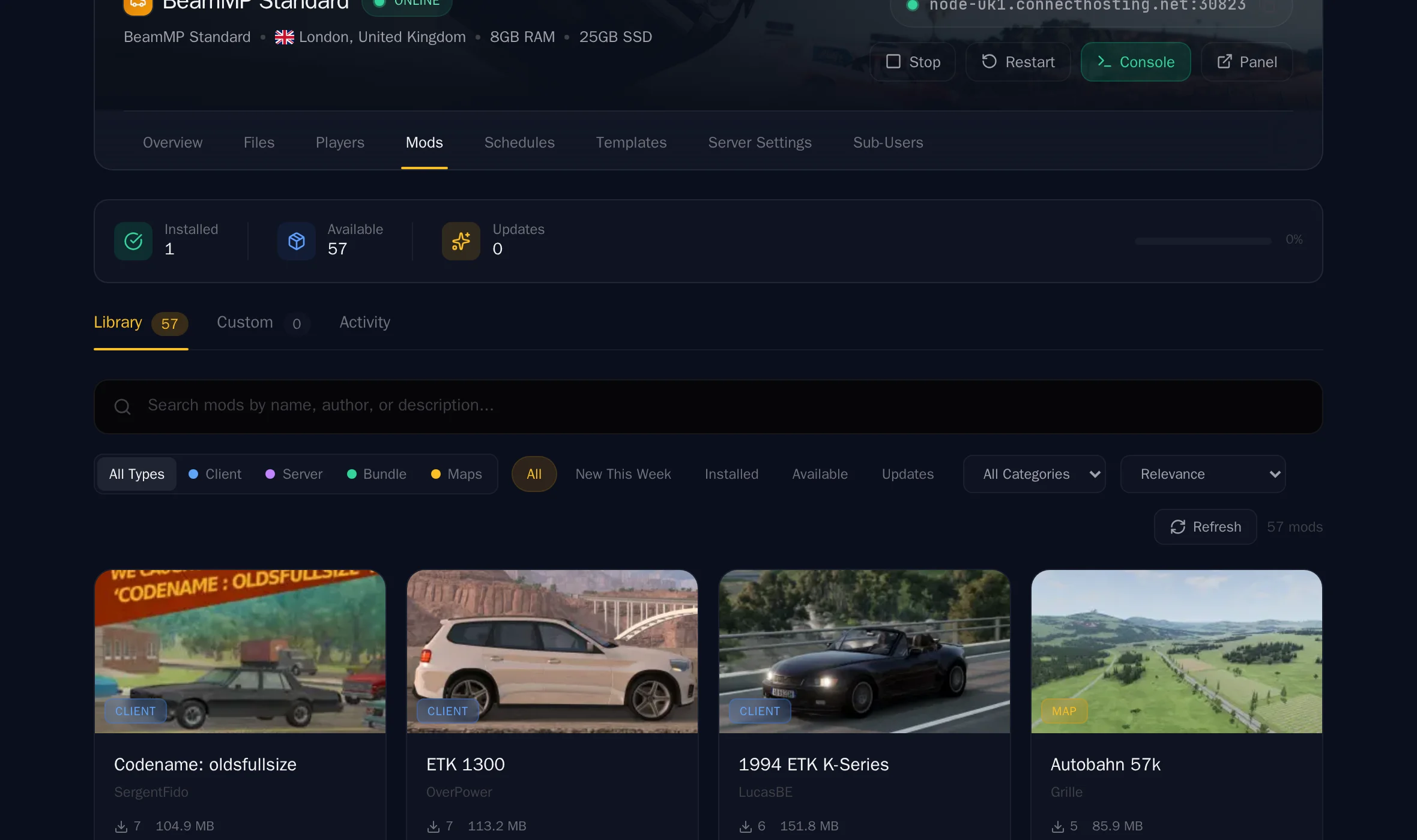 The one-click mod library in the Connect Hosting control panel