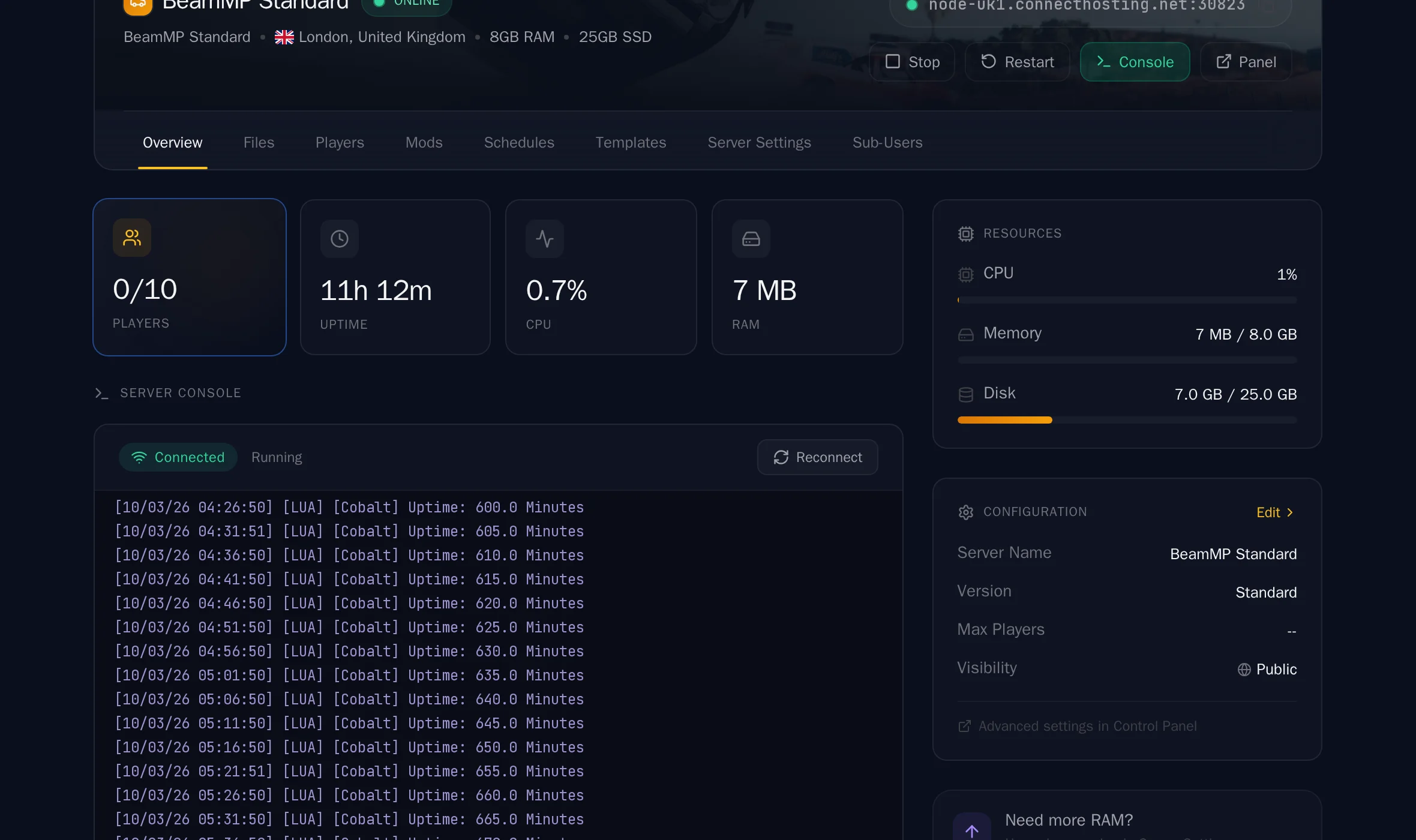 The Connect Hosting control panel running a live BeamMP server