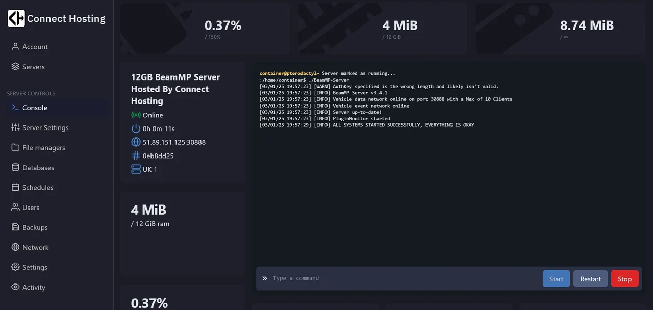 BeamMP hosting console on Connect Hosting, enabling real-time control of multiplayer BeamNG servers.