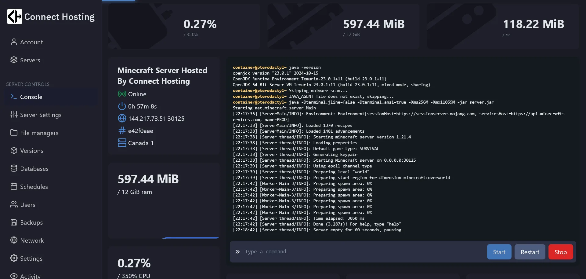 Minecraft Server Hosting dashboard on Connect Hosting for streamlined server setup and management