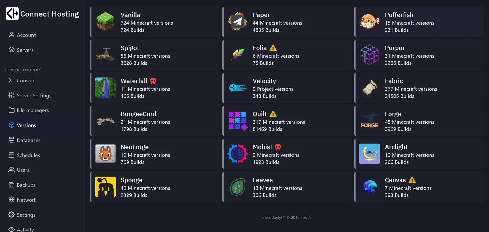 Minecraft Server Hosting version changer for managing minecraft servers.